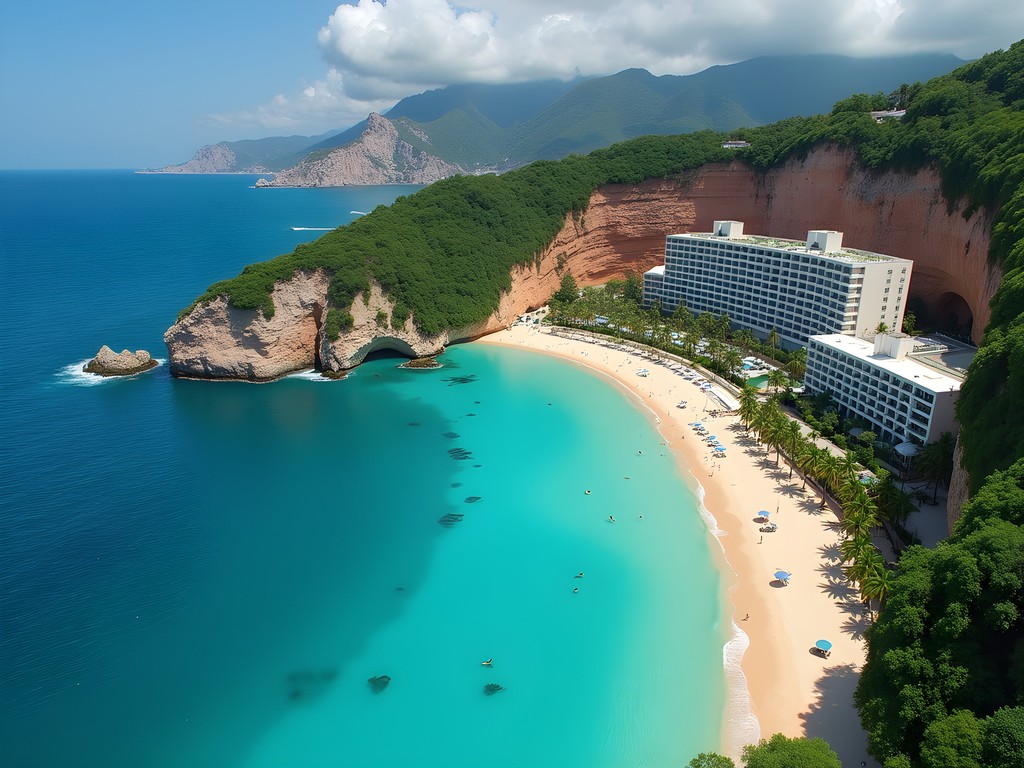 Aerial view of Acapulco Bay showing both cliffside and beachfront luxury accommodations