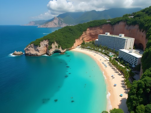 Aerial view of Acapulco Bay showing both cliffside and beachfront luxury accommodations