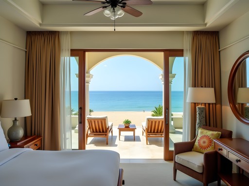 Elegant beachfront suite with open doors to Acapulco's golden sand beach