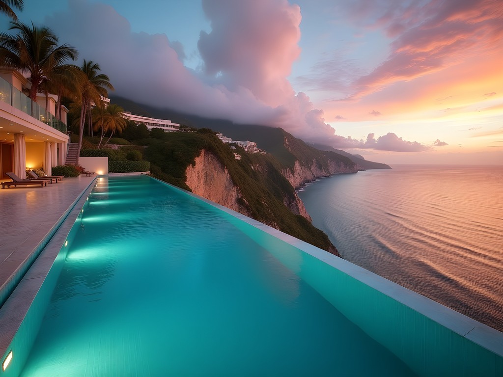 Luxury infinity pool overlooking Acapulco Bay at sunset from cliffside resort