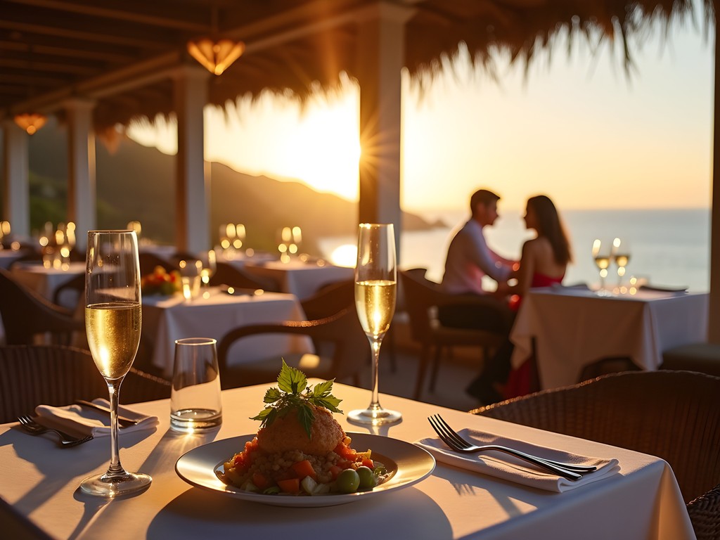 Elegant cliffside restaurant in Acapulco with couples dining overlooking bay at sunset