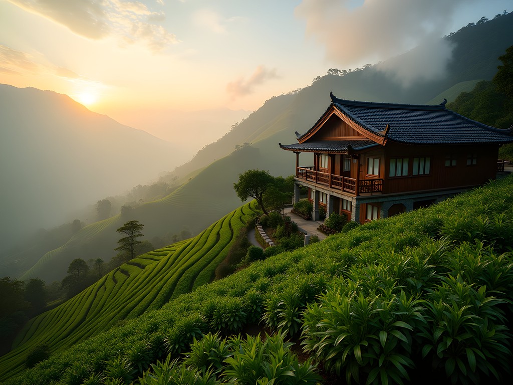 Traditional wooden homestay overlooking terraced tea plantations in Alishan region