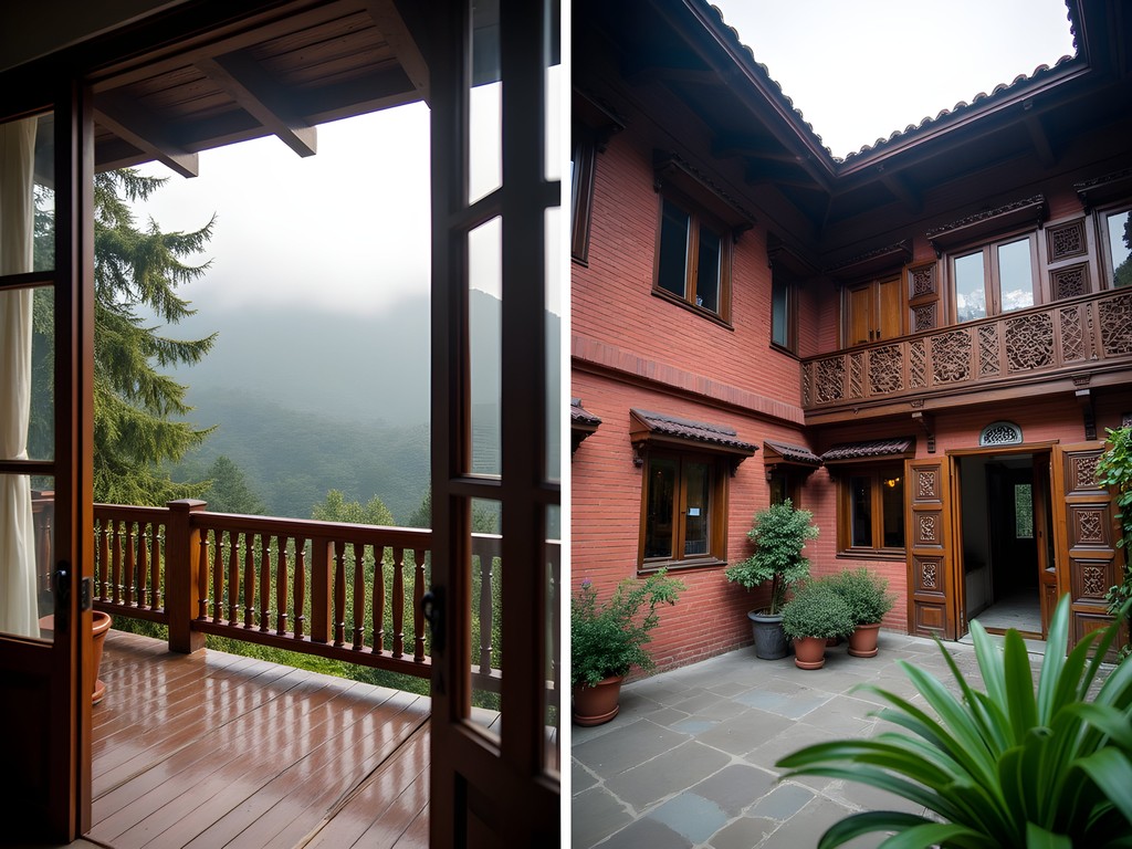 Split image comparing wooden balcony in Alishan forest with traditional courtyard in Kathmandu heritage hotel