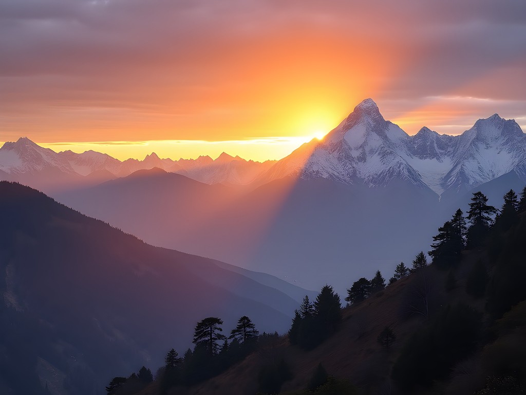 Sunrise over Himalayan mountain range viewed from hotel balcony in Nagarkot