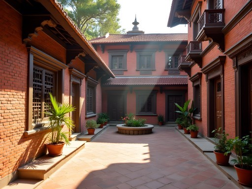 Traditional Newari architecture courtyard in heritage hotel with wooden carvings and peaceful garden