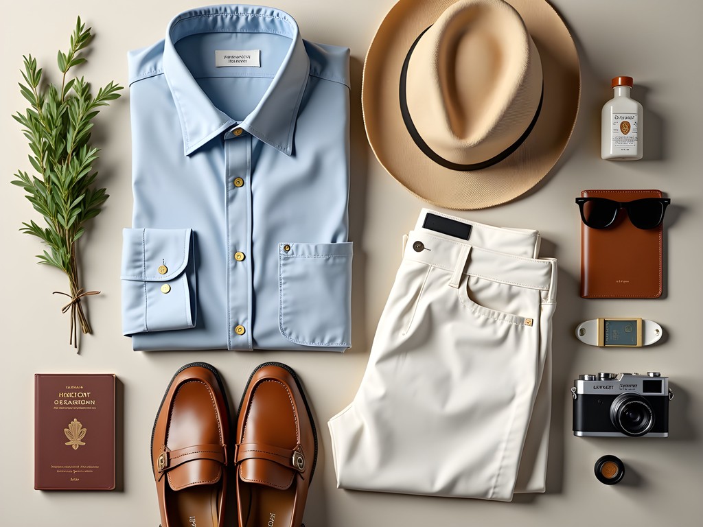 Luxury travel essentials for the Amalfi Coast including linen clothing, sunglasses, and camera equipment