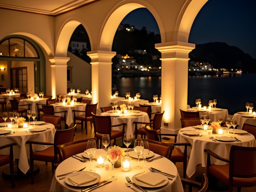 Candlelit dinner at La Sponda restaurant in Le Sirenuse hotel overlooking nighttime Positano