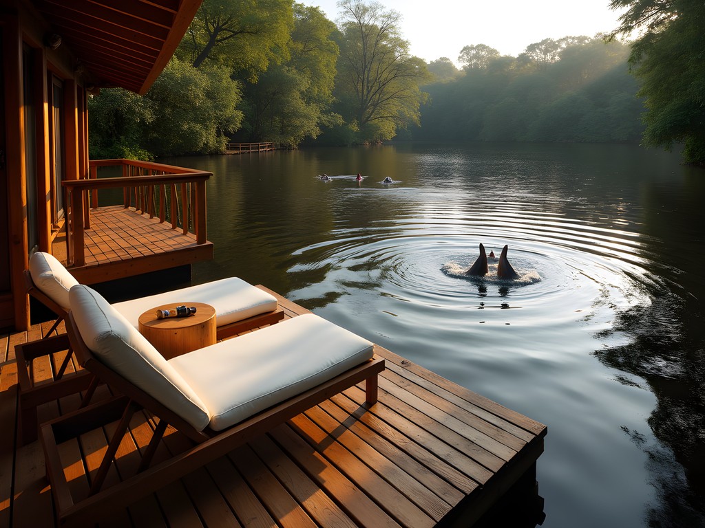 Floating observation deck at Anavilhanas Jungle Lodge with pink river dolphins visible in the Rio Negro