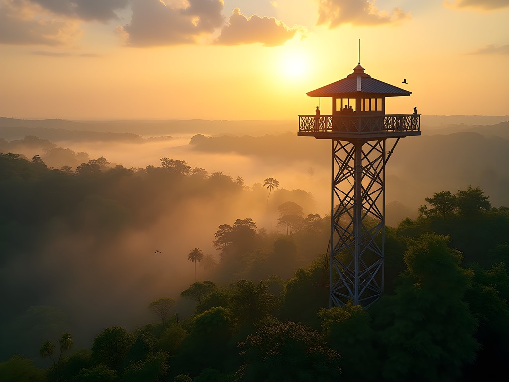 Photographer capturing sunrise from the Cristalino Lodge canopy observation tower in the Amazon