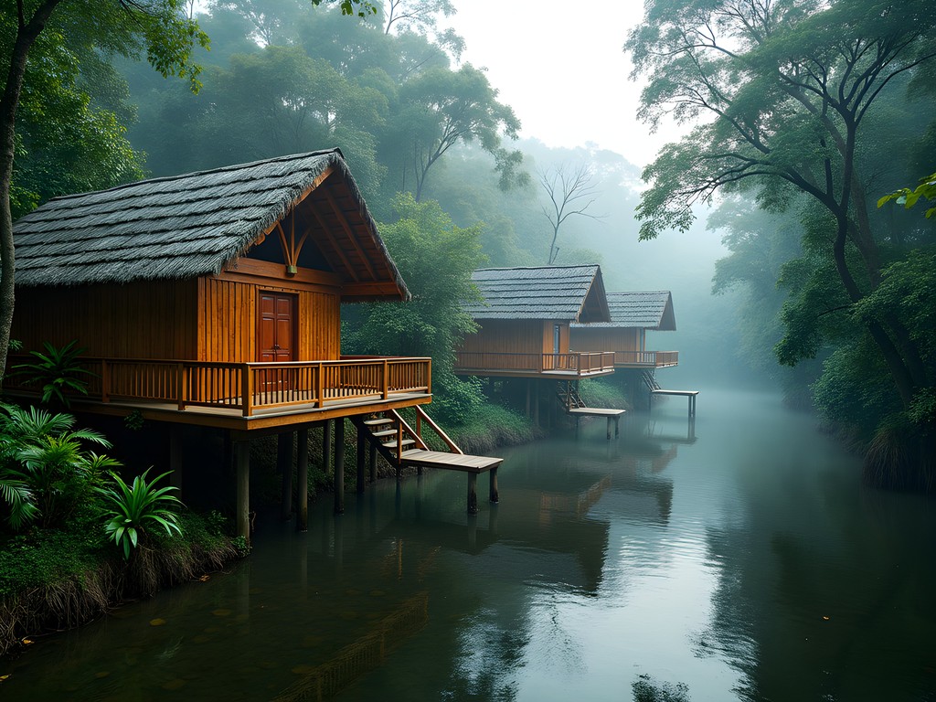 Elevated wooden bungalows at Juma Amazon Lodge built on stilts above seasonally flooded rainforest