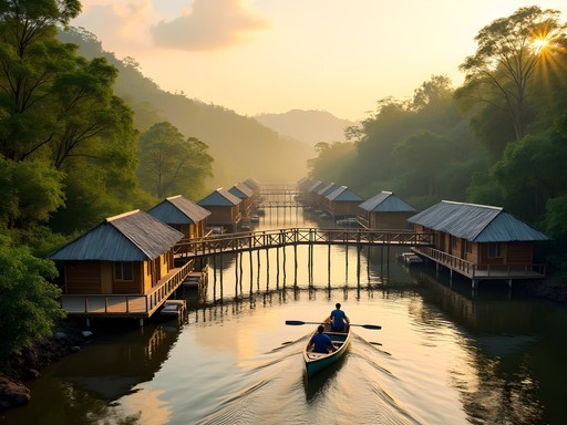 Floating cabins of Uakari Lodge on the Amazon River with researchers conducting wildlife surveys from canoes