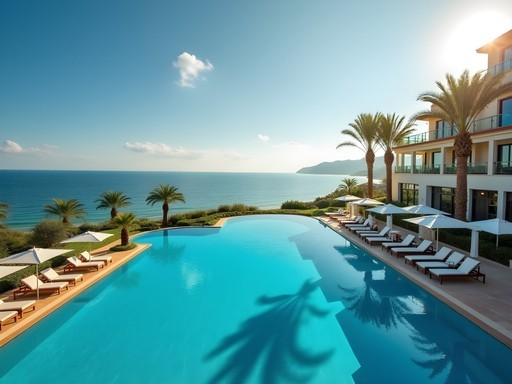 Stunning infinity pool overlooking the Mediterranean Sea at a luxury resort on Lara Beach, Antalya
