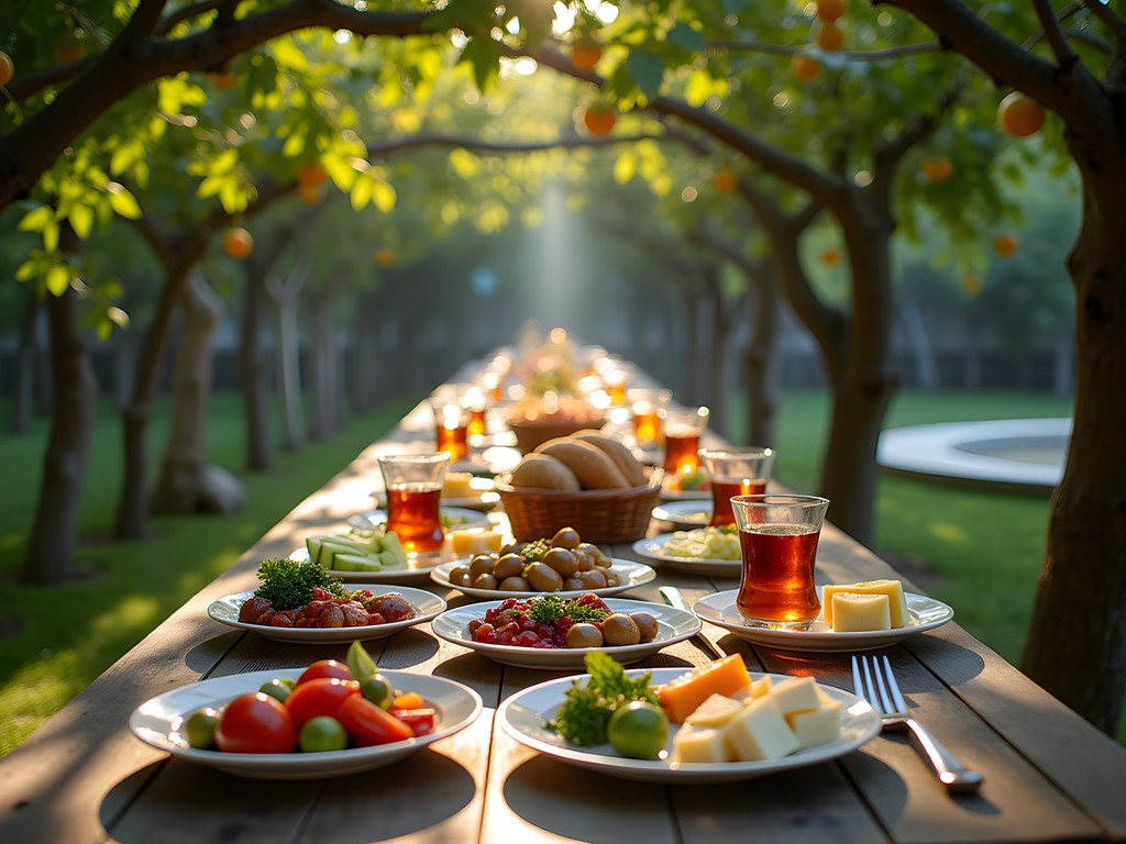 Traditional Turkish breakfast spread in a lush garden setting at a family pension in Çıralı, Antalya