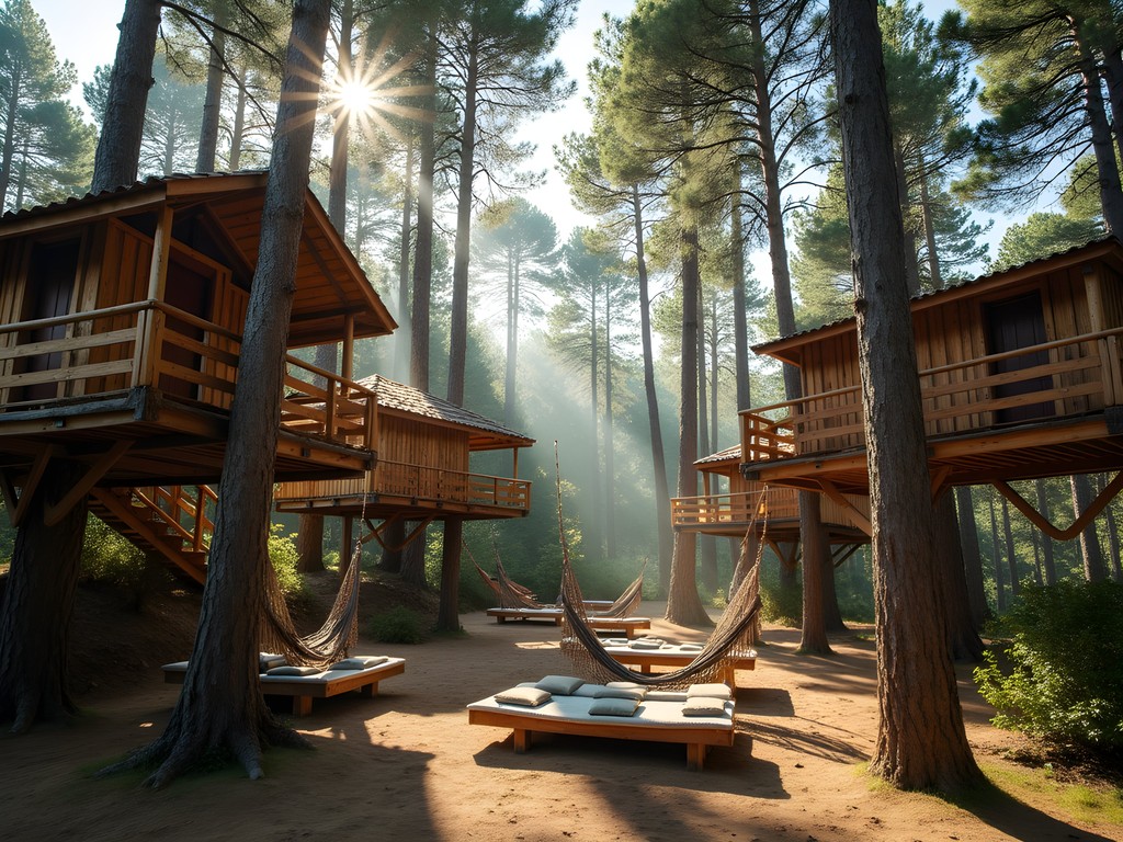 Rustic wooden treehouses nestled among pine trees in Olympos with hammocks and communal seating areas