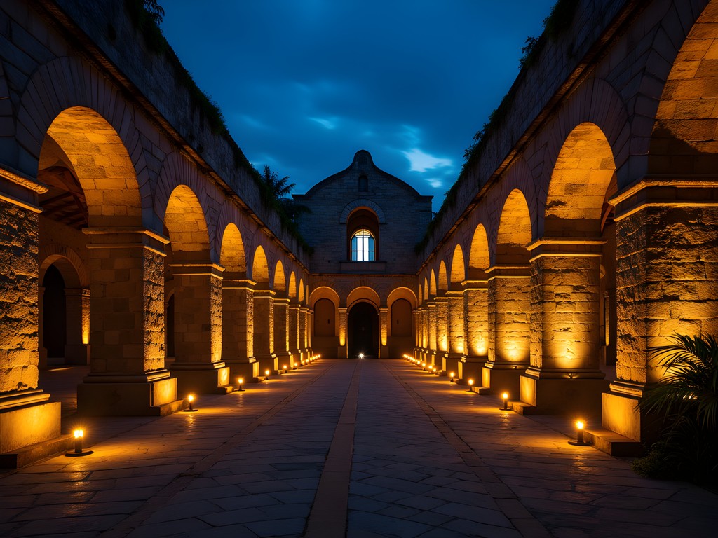 Atmospheric night view of illuminated monastery ruins at Casa Santo Domingo hotel in Antigua Guatemala