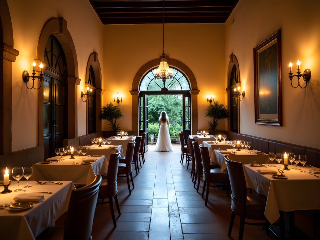 Elegant restaurant setting at Mesón Panza Verde with colonial architecture and soft lighting