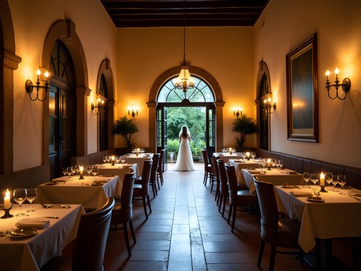 Elegant restaurant setting at Mesón Panza Verde with colonial architecture and soft lighting