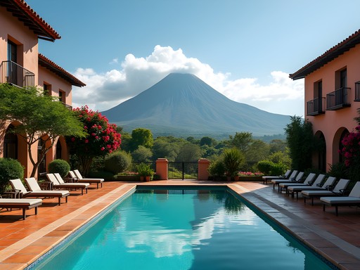 Swimming pool at Porta Hotel Antigua with dramatic volcano views in the background