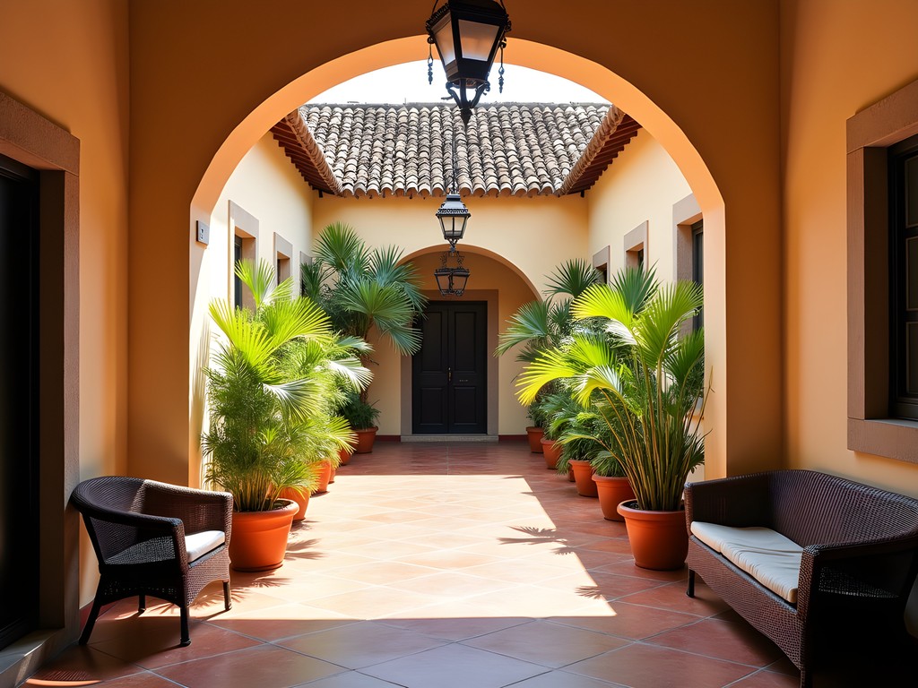 Historic colonial hotel courtyard in downtown Antsiranana with tropical plants and traditional architecture