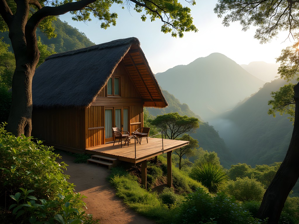 Eco-lodge bungalow nestled in tropical forest with Montagne d'Ambre National Park in background