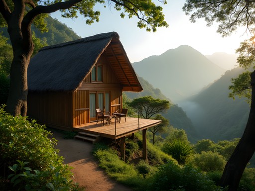 Eco-lodge bungalow nestled in tropical forest with Montagne d'Ambre National Park in background