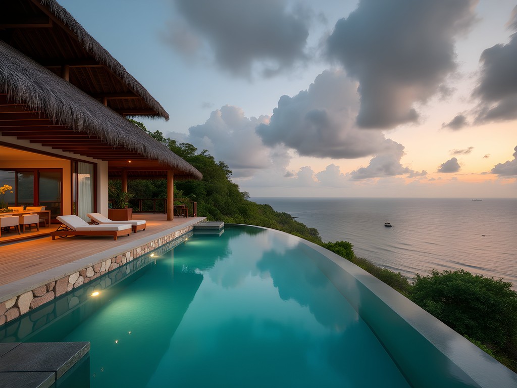 Luxury lodge infinity pool overlooking Emerald Sea near Antsiranana with traditional Malagasy architectural elements