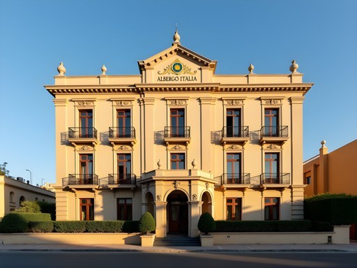 Historic facade of Albergo Italia hotel in morning light, Asmara, Eritrea