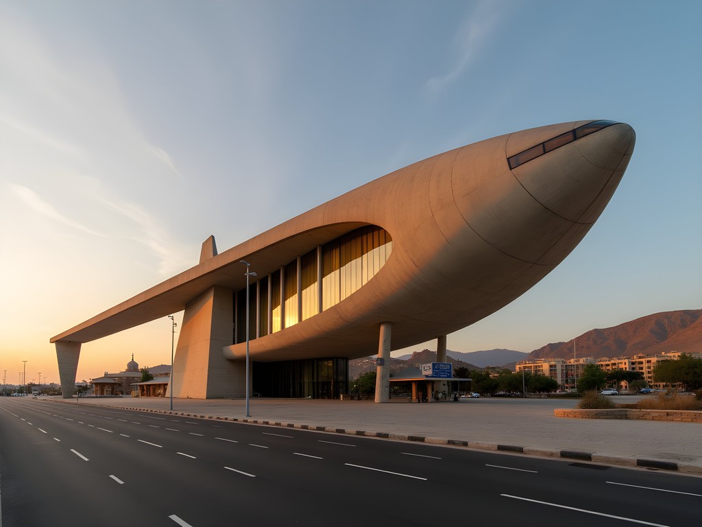 The iconic Fiat Tagliero Building in Asmara at sunset with its distinctive airplane-like concrete wings