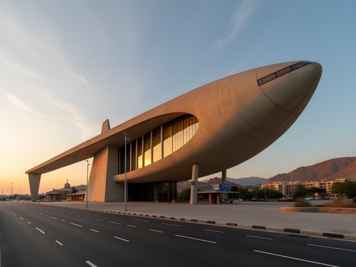 The iconic Fiat Tagliero Building in Asmara at sunset with its distinctive airplane-like concrete wings