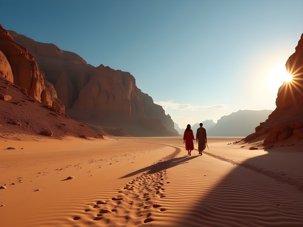 Bedouin guide leading a small tour through the red sandstone formations of Wadi Rum