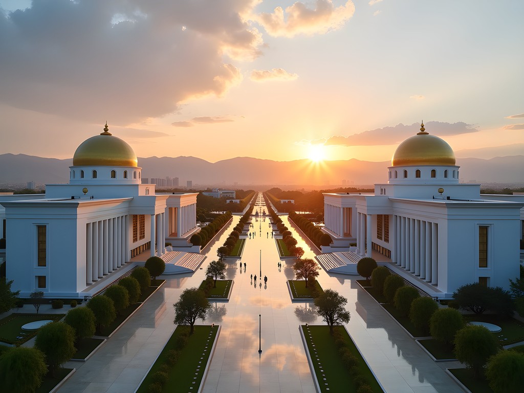 Sunrise over Ashgabat's white marble cityscape with golden domes