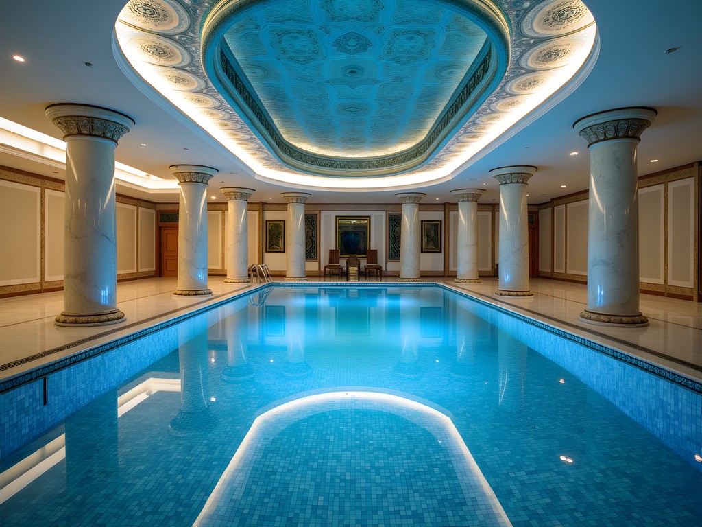 Ornate indoor pool with traditional Turkmen mosaics in Ashgabat luxury hotel
