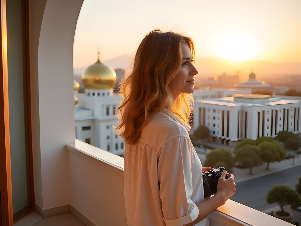 Woman enjoying sunset view from luxury hotel balcony in Ashgabat