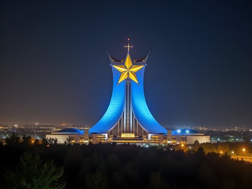 Illuminated star-shaped Yyldyz Hotel in Ashgabat at night