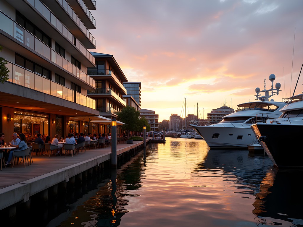 Sunset view of Auckland's Viaduct Harbour with luxury yachts and waterfront restaurants