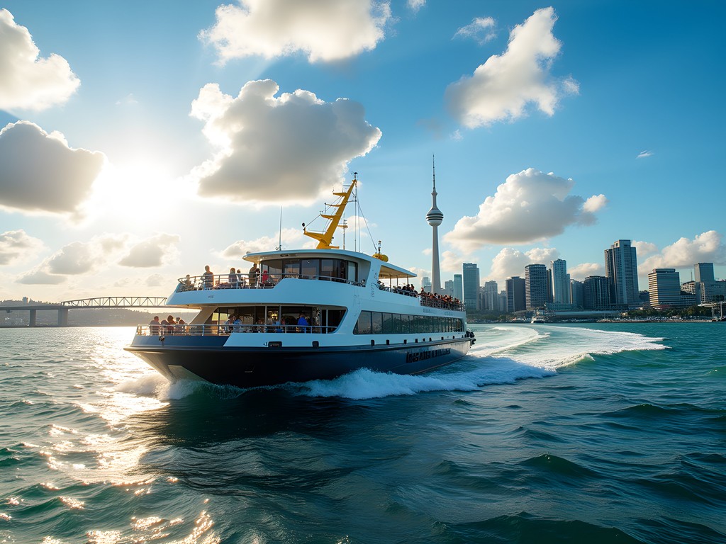 Devonport ferry approaching Auckland with city skyline and harbor view