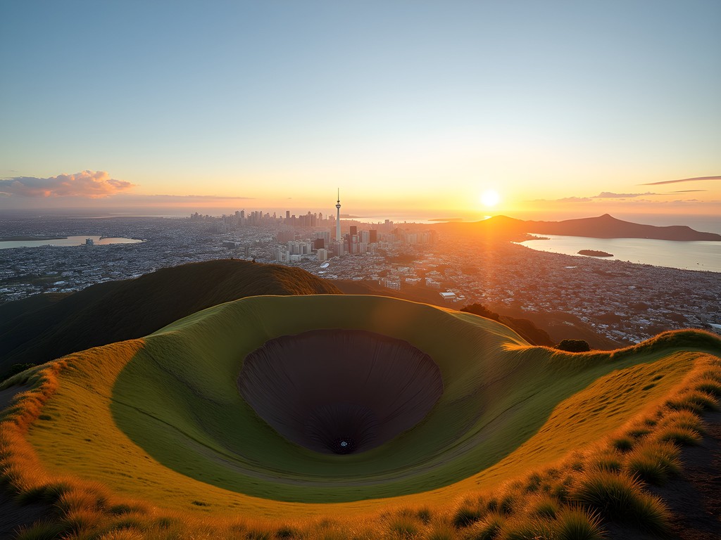 Panoramic view of Auckland city from Mount Eden summit at sunrise