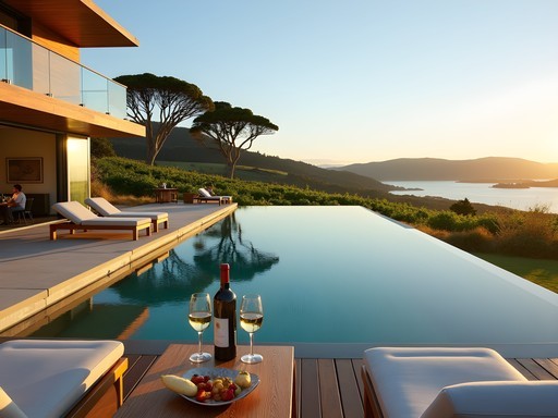 Luxury accommodation on Waiheke Island with infinity pool overlooking vineyards and Hauraki Gulf