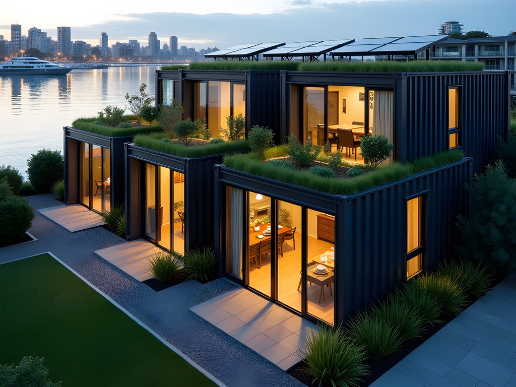 Converted shipping container eco-apartments at The Maritime Collective overlooking Auckland harbor