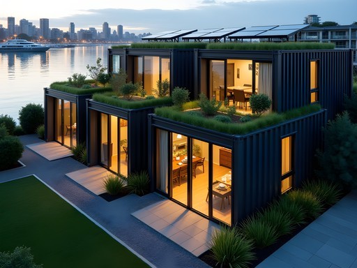 Converted shipping container eco-apartments at The Maritime Collective overlooking Auckland harbor