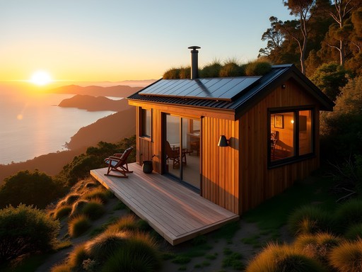 Sustainable tiny home at Papatūānuku Retreat with sunrise over Hauraki Gulf