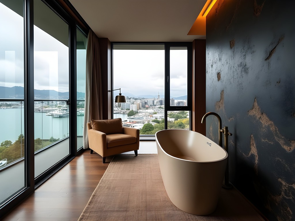 Luxury boutique hotel suite in Auckland with volcanic stone features and harbor views