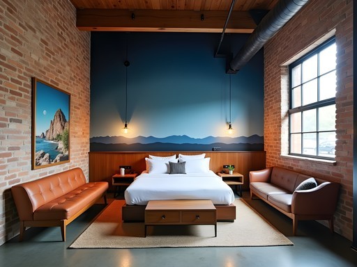 Artistic boutique hotel room in converted Melbourne warehouse with industrial elements and modern design