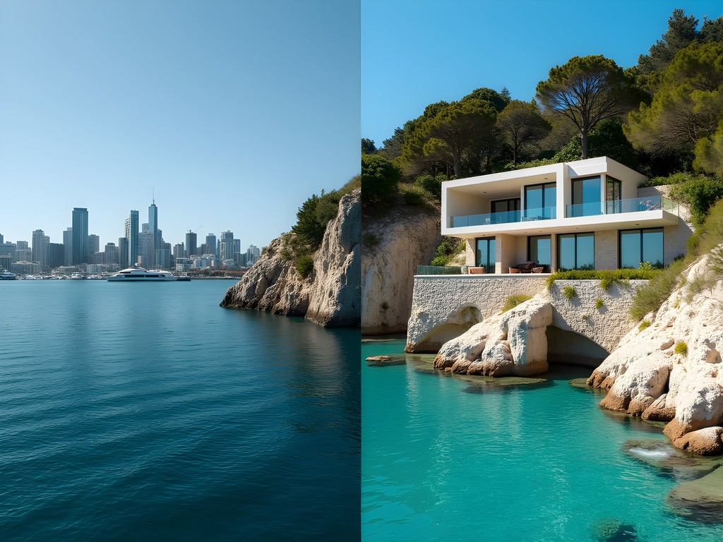Split image comparing Auckland harbor luxury accommodation with Cretan beachfront villa