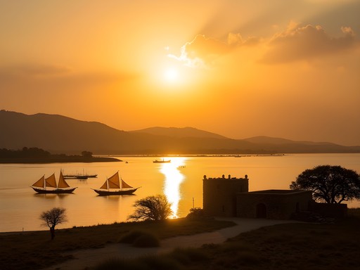 Sunset view from Dek Island monastery with traditional boats on Lake Tana