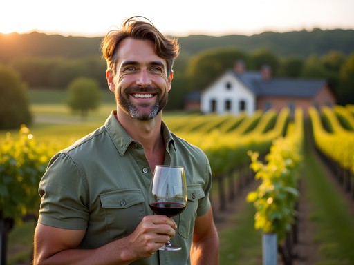 Man tasting wine at Maryland vineyard with rolling hills in background