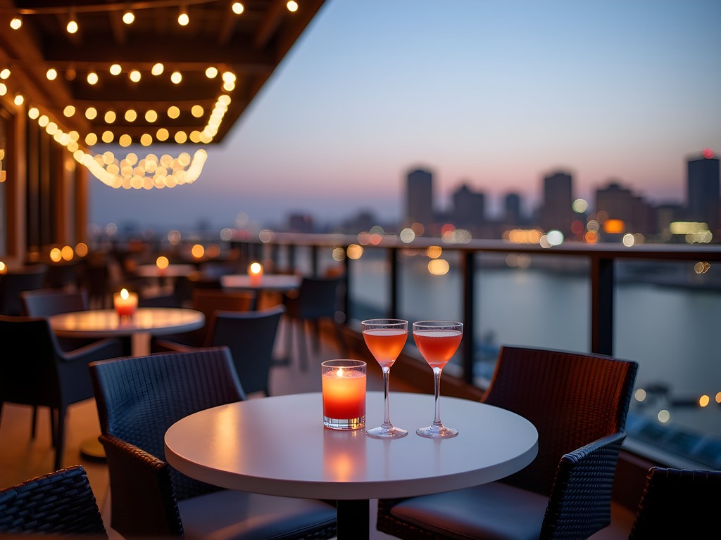 Rooftop terrace with panoramic Baltimore harbor and city skyline views at dusk