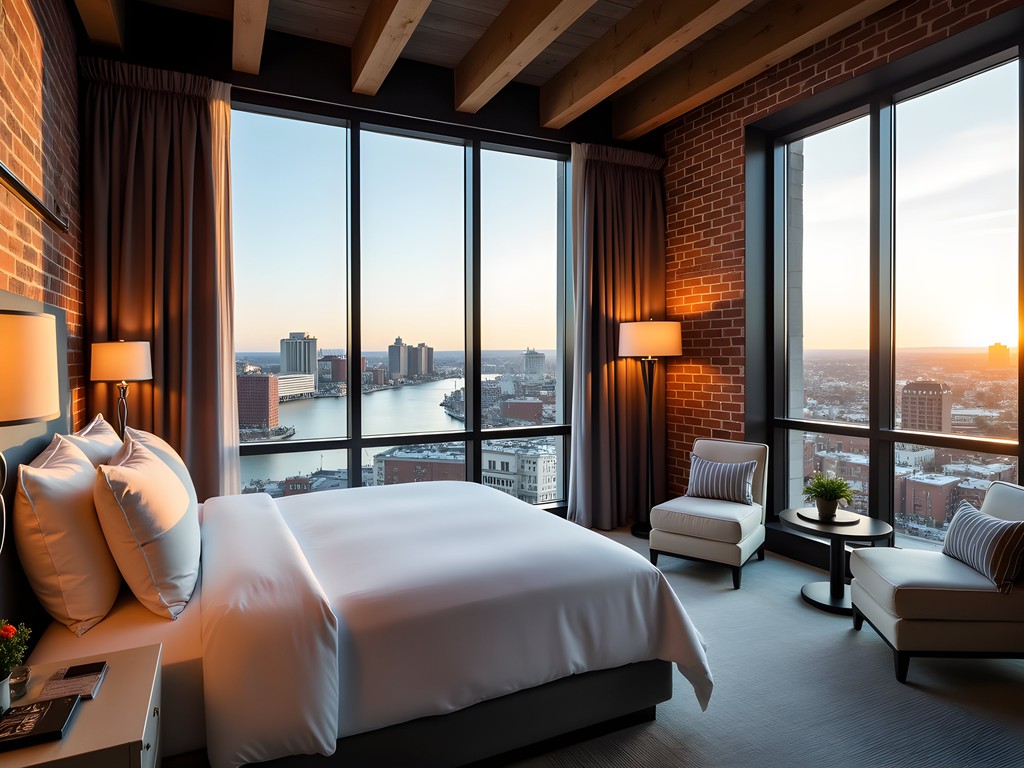 Luxury hotel room with floor-to-ceiling windows overlooking Baltimore Inner Harbor at sunset