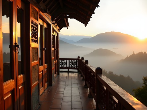 Traditional wooden balcony overlooking Himalayan mountain range from boutique hotel in Bandipur