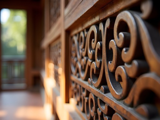 Close-up detail of intricate traditional Newari woodcarving in boutique hotel in Bandipur, Nepal
